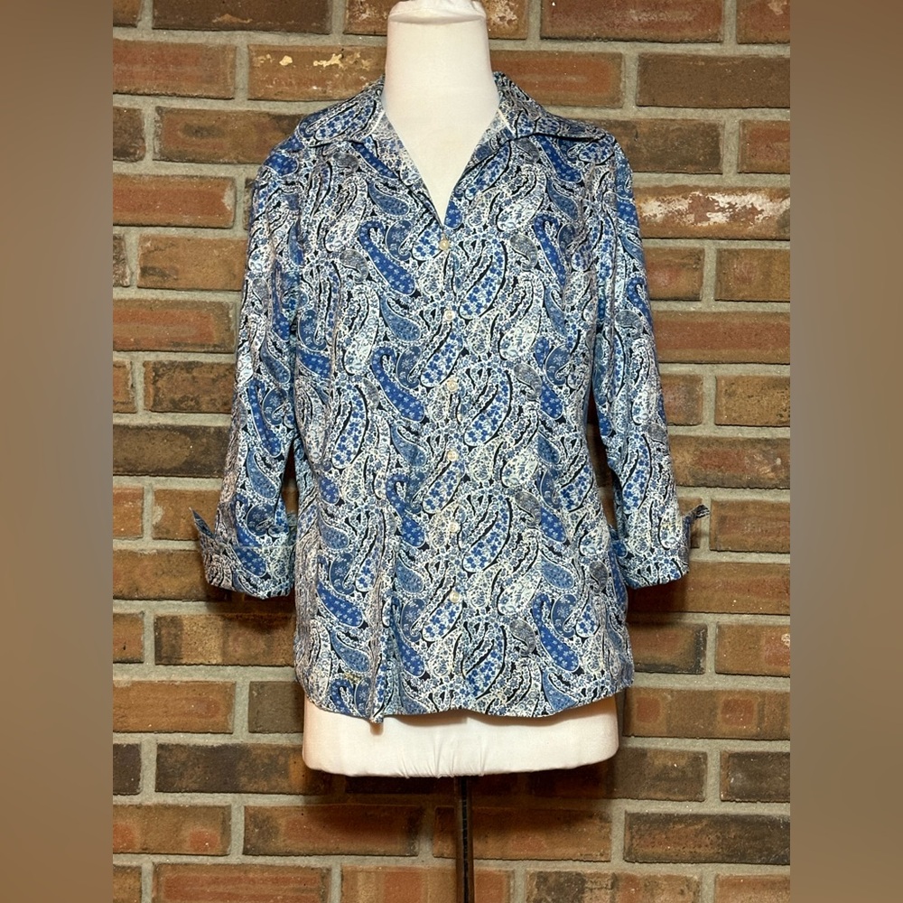Lands’ End Women’s Button-Down Shirt Blue Paisley No Iron Oxford Size 12